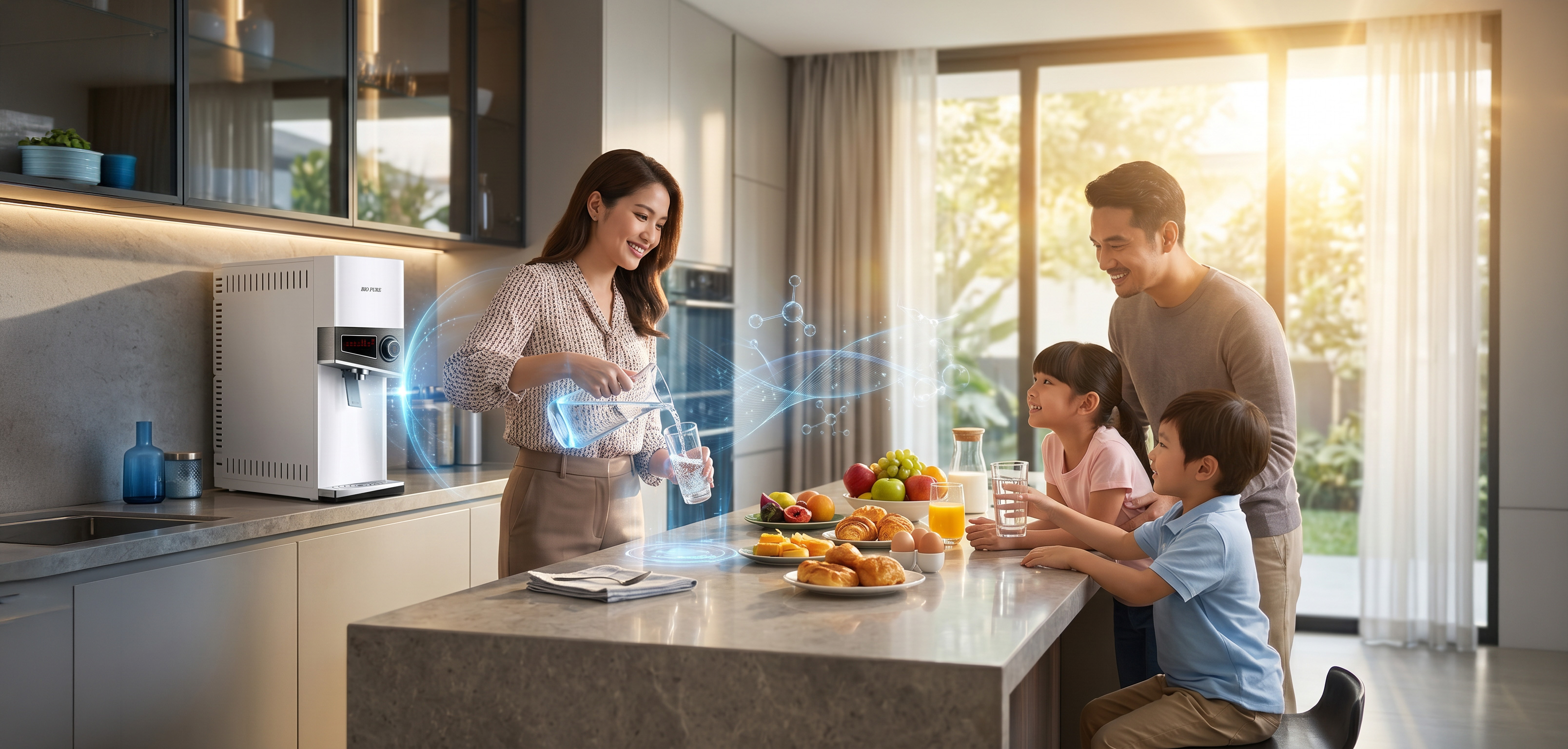 Family using the Bio Pure N-Series reverse osmosis water purifier