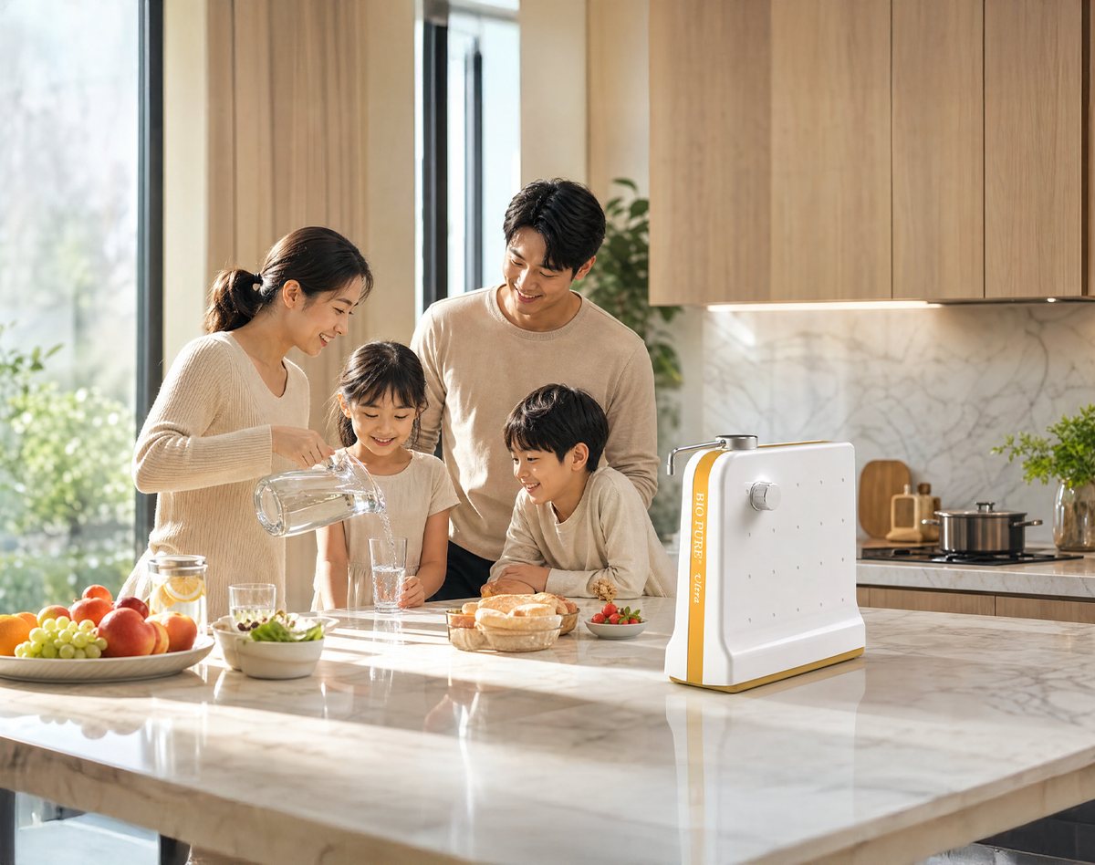 A family enjoying clean drinking water from the Bio Pure Ultra Gold in a modern kitchen